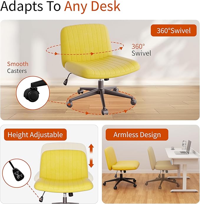 Meilocar Criss Cross Chair with Wheels, Cross Legged Office Chair, Armless Office Chairs Adjustable Height Swivel Tilting Fabric Vanity Chairs for Home Bedroom (Yellow)