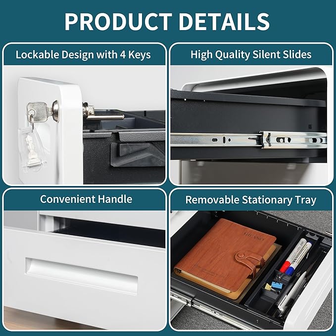 Under Desk Printer Stand with Storage – 2-Drawer Printer Table for Home & Office, Mobile Printer Cart with 2 Sets of Casters and Lockable Drawers, 4 Keys, White