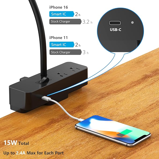 Drevet LED Desk Lamp for Home Office with Cable Management Tray, Eye-Caring Clip-On Desk Light with Flexible Gooseneck, 2+6AC&1USB-C Charging Port, 3 Brightness & 3 Color Modes, Eye-Caring Table Lamp