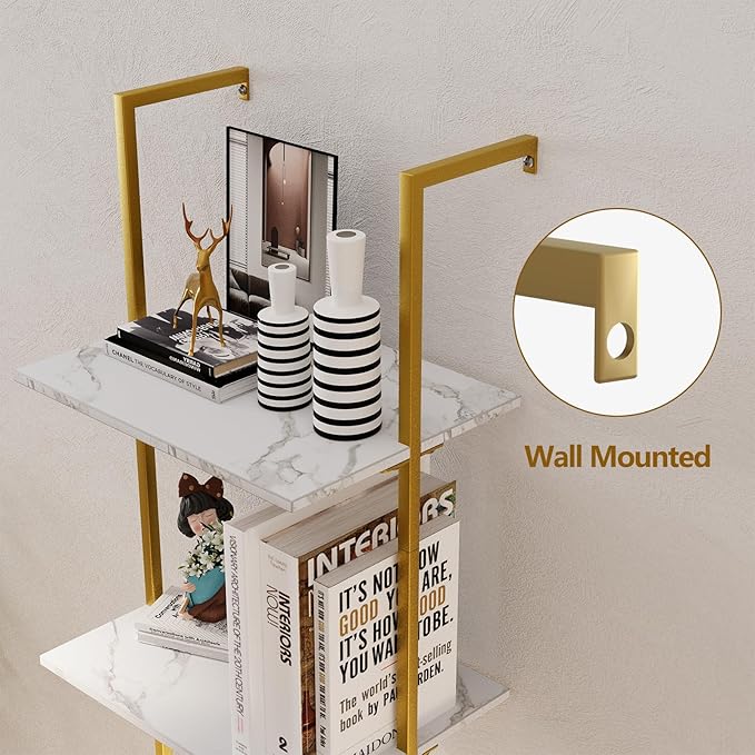 Wolawu Ladder Shelf 4 Tiers Metal Industrial Bookshelf,White Marble Wood Tall Open Storage Rack and Display Shelves,Wall Mount Wide Book Case for Home Office Bedroom,Small