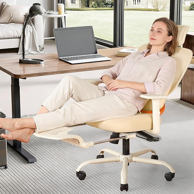 Ergonomic Office Chair with Footrest, Mesh Desk Chair with Adjustable Headrest & Armrests & Dynamic Floating Wing Lumbar Support, High Back Computer Chair for Home Office, BIFMA Certified, Beige