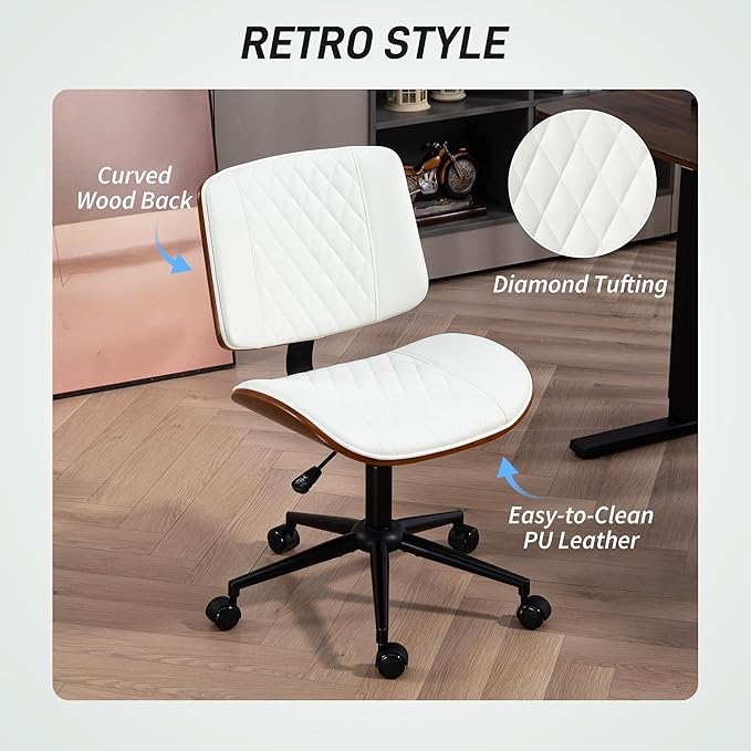 HOMCOM Home Office Chair No Arms with Wheels, PU Leather Mid Back Small Desk Chair with Adjustable Height, 360 Degree Swivel for Office, Reading, Meeting Room, White