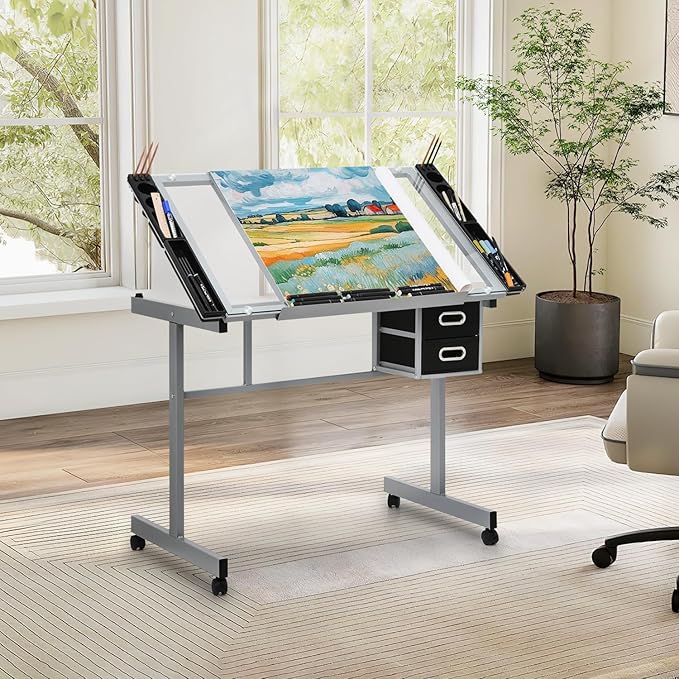 Drafting Table with Adjustable Tilt Angle Board, Drawing Table Tempered Glass Top, Art Desk with Metal Frame Craft Desk for Artist with Fabric Drawers, Rolling Casters and Trays