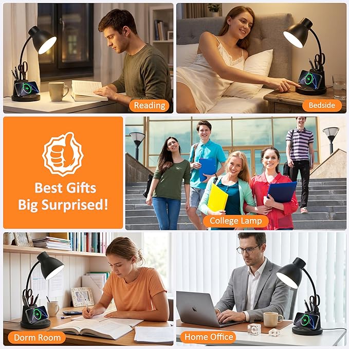 Sailstar Desk Lamp for Home Office, 10W Wireless Charging, Eye-Caring LED Desk Light, CRI 95+ 3 Color Modes Stepless Dimming Pen Holder, 360° Flexible Arm Desk Lamps for College Dorm, Adapter Included