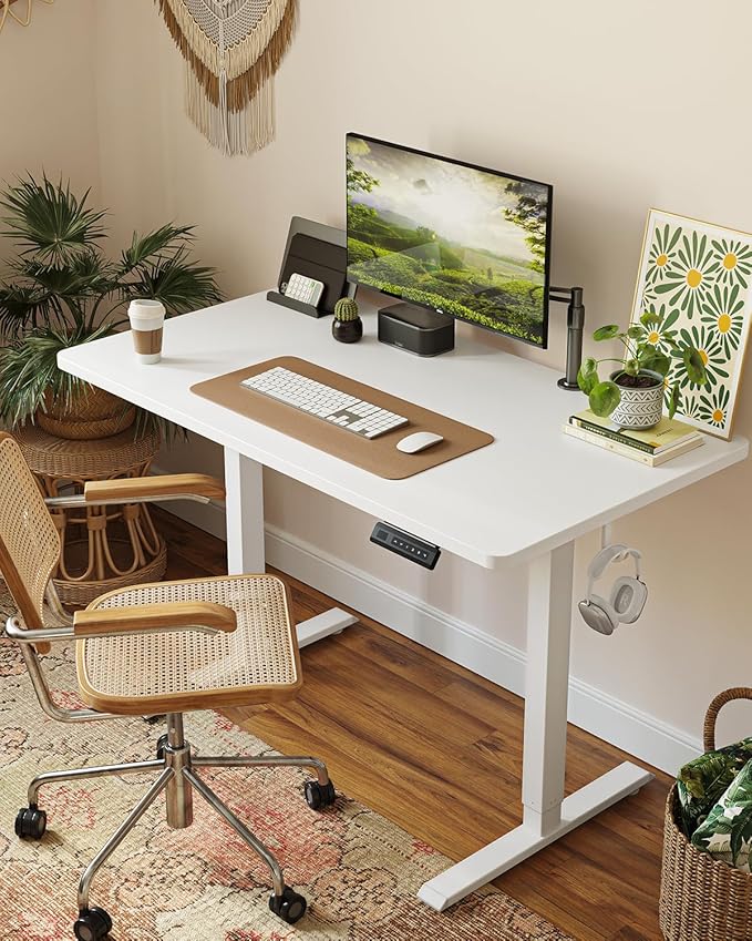 CubiCubi 55 x 24 Large One-Piece Standing Desk, Adjustable Height Electric Computer Home Office Sit Stand up Workstation, with 4 Memory Presets, Headphone Hook, White