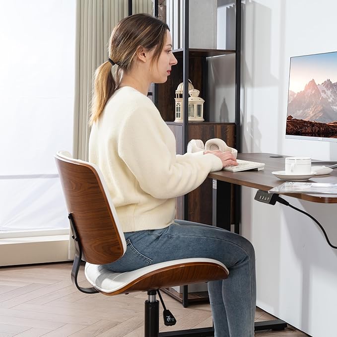 HOMCOM Home Office Chair No Arms with Wheels, PU Leather Mid Back Small Desk Chair with Adjustable Height, 360 Degree Swivel for Office, Reading, Meeting Room, White