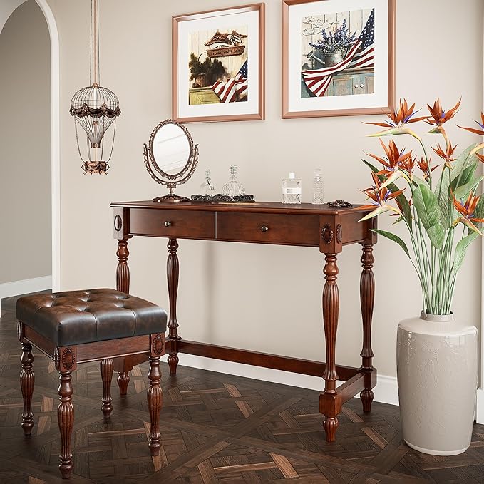 Vintage Wooden Writing Desk Stool Set, Small Secretary Desk and Cushioned Stool Set with 2 Drawers, 39.4" W Wood Writing Table Vanity Makeup Table Sets for Home Office-Cheery&Chestnut Brown