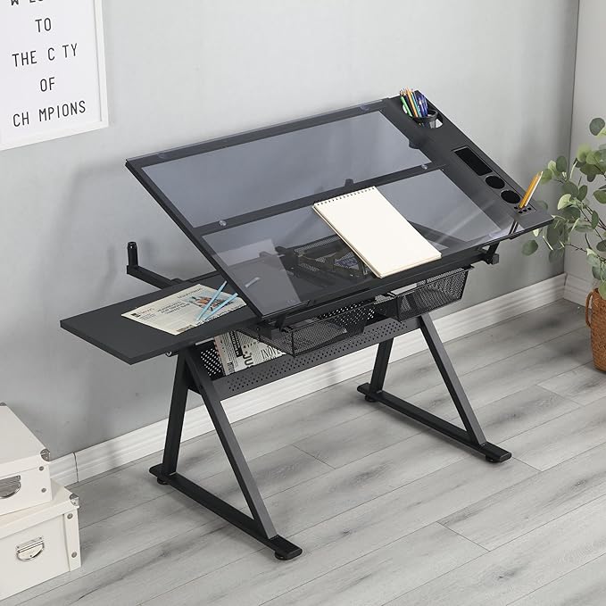 GDFStudio Height & Angle Adjustable Drafting Table with Stool, Tempered Glass Art Craft Desk with 2 Metal Storage Drawers, Diamond Painting Drawing Table Workstation for Home Office Studio, Black