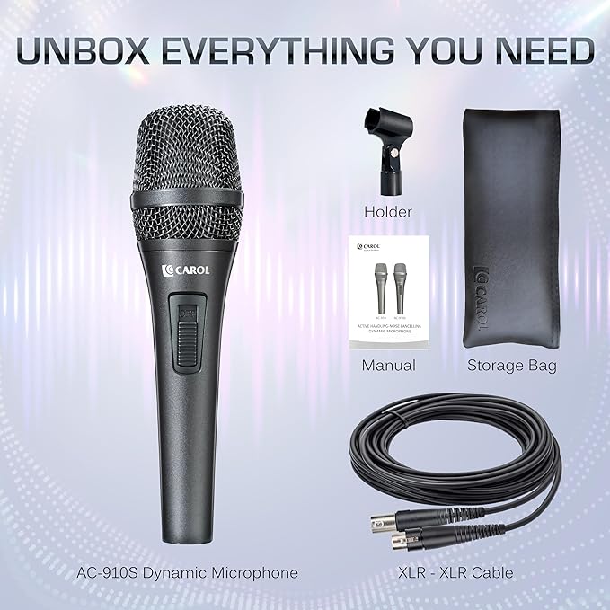 CAROL AC-910S XLR Wired Vocal Microphone – Dynamic Cardioid Mic with AHNC Dual-Engine Noise Cancelling Tech for Singing, Karaoke, Stage & Studio, Includes Mic Clip, 14.8ft XLR Cable & On/Off Switch