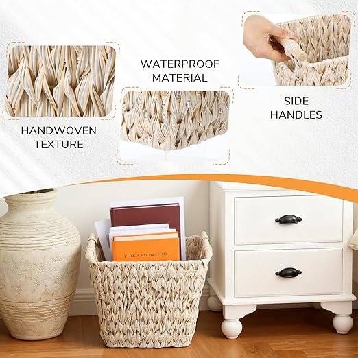 WLLHYF 5 Gallon Wicker Trash Can Handwoven Water Hyacinth Waste Basket Boho Wicker Decor Wastebasket with Handle Waterproof Small Garbage Can for Bedroom Bathroom Office Living Room