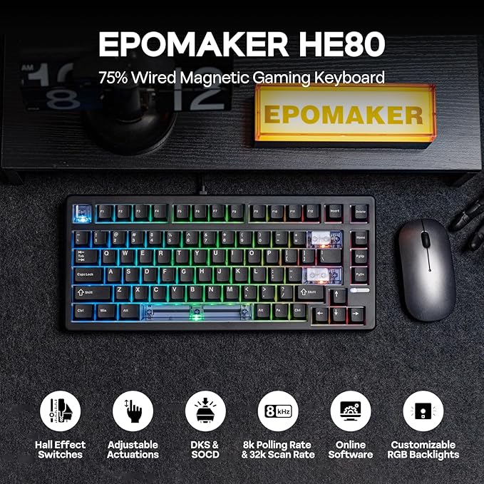 EPOMAKER HE80 Hall Effect Gaming Keyboard, 8K Polling & 32K Scan, Creamy Gasket, DKS, SOCD, Hot-Swappable, RGB Backlit, Wired Gaming Keyboard for PC & Mac (Black)