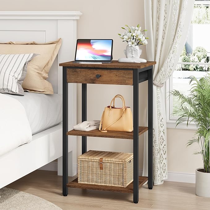 Gewudraw Printer Stand with Storage Drawer, 3-Tier Under Desk Printer Table, End Table for Home Office, Living Room, Bedroom, Brown