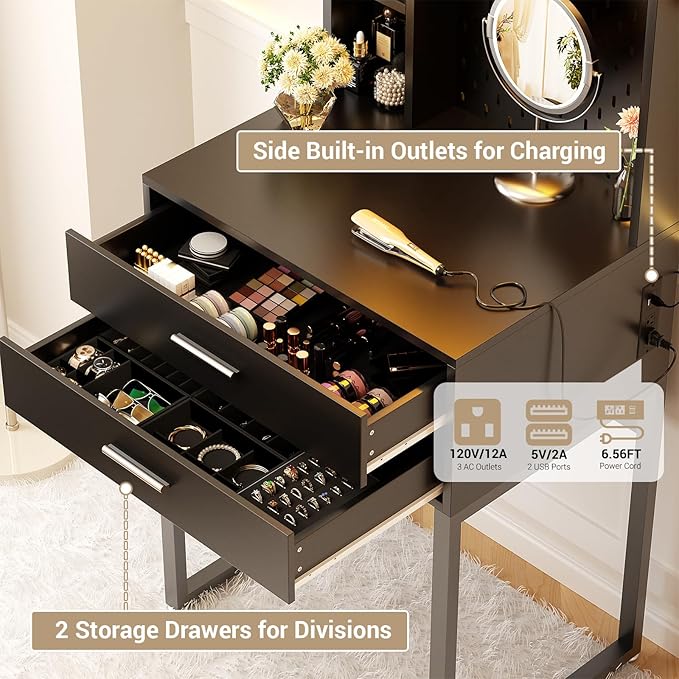 Besiost Small Vanity Desk with Hutch and Drawers, Black Makeup Vanity Desk with Charging Station, Vanity Table Dressing Table with LED Lights, Vanity Desk No Mirror with Pegboard for Girls Women, 24"
