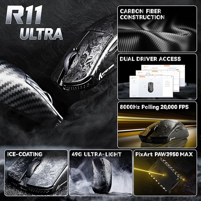 ATTACK SHARK R11 Ultra 8K Carbon Fiber Wireless Gaming Mouse,PAW3950MAX 42K DPI Sensor,49g Superlight Ergonomic Computer Mice with Tri-Mode,70M Switch Cloud Driver for Win/Mac/PC Gamer,Ink Blade&Tape