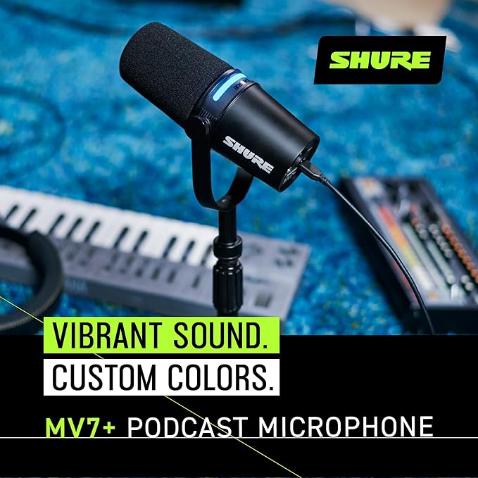 Shure MV7+ Dynamic Microphone – USB-C & XLR Podcast Mic for Streaming, Recording & Broadcasting, OBS Certified, Auto Level Mode, Digital Pop Filter, LED Panel, Black