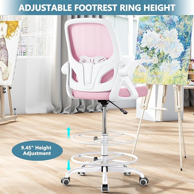 Kensaker Drafting Chair Tall Office Chair, Ergonomic Standing Desk Chair with Adjustable Foot Ring and Flip-up Armrests, Mesh Computer Chair for Art Studio, 300 LBS, Pink