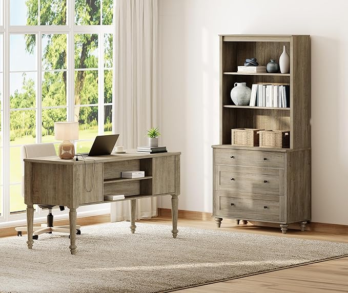 WAMPAT Home Office Furniture Set, 56'' Executive Desk with Charging Station, 72" Tall Bookcase with 3 Drawers, Wood Computer Desk with File Cabinet Storage, Open Shelf, Wash Grey