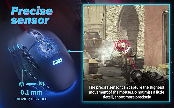 C309 Gaming Mouse Wired, Ergonomic Gamer Mouse PC Gaming Mice USB Optical Computer Mouse with RGB Backlit, 6 Adjustable DPI Up to 7200, 8 Programmable Buttons for Windows XP, 10, 8, 7, Mac OS, Linux