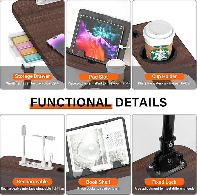 Laptop Desk for Bed Height Adjustable, Lap Bed Table with USB/Storage Drawer/Cup Holder/Tablet Stand/Book Shelf, Foldable Breakfast Tray Portable for Reading Writing, Sofa & Floor, Walnut