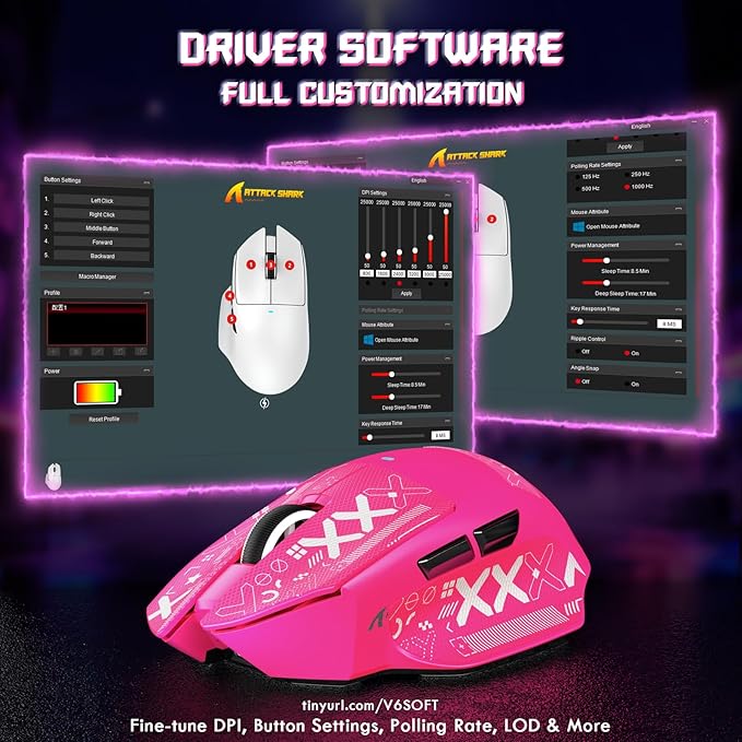 ATTACK SHARK V6 65g Wireless Gaming Mouse with RGB Magnetic Charging Dock,BT/2.4G Wireless/Wired Mouse 1K Polling,PixArt PAW3311 Sensor,25K DPI,Tape,Programmable Gamer Mice for PC/Win/Mac (Rose)