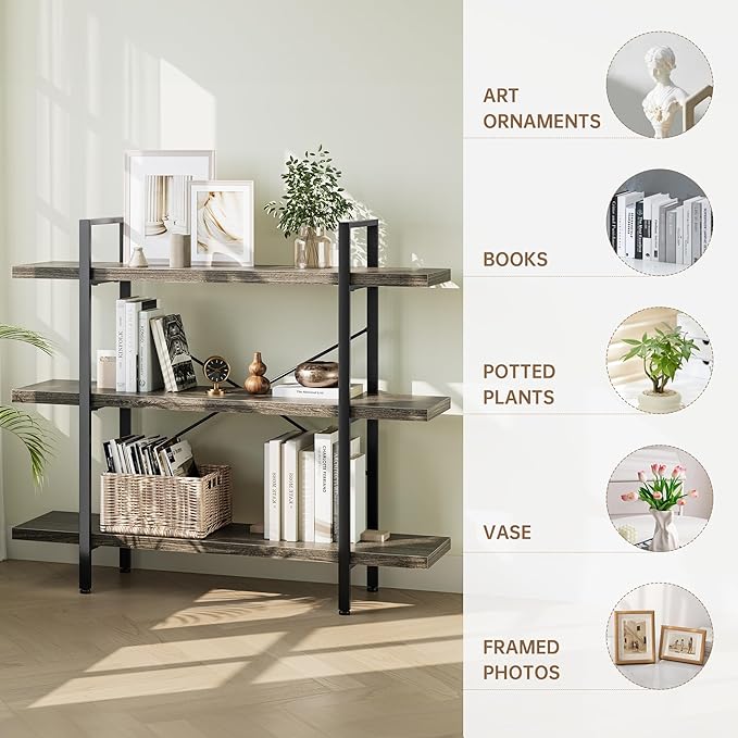 OtterOasis Heavy Duty 3-Tier Industrial Bookcase, 39" Wide Wood Bookshelf for Home Office, 120lbs Shelf Capacity, Rustic Shelving Display with Reinforced Horizontal Shelf for Living Room Bedroom, Grey