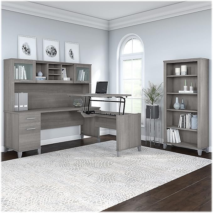 Bush Furniture Somerset 72W 3 Position Sit to Stand L Shaped Desk with Hutch and Bookcase in Platinum Gray