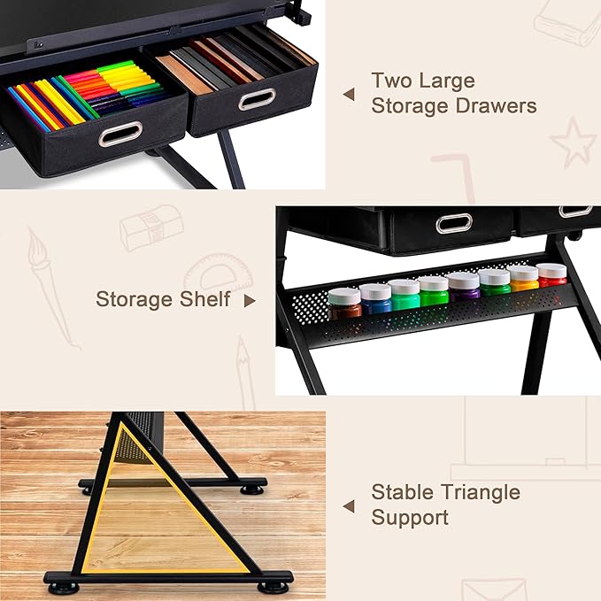 ZENY Adjustable Drafting Table with Stool, Tilting Drawing Desk Artist Table with Storage Drawers, Art Craft Workstation for Home Office Reading, Writing, Crafting (Black-with Outlet)