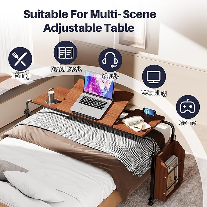 Overbed Table with Wheels, Tilting Overbed Desk Adjustable Height & Length, Queen Over Bed Table with Storage Cabinet, Rolling Laptop Desk for Bedroom, Living Room, Hospital (Brown, 47.24in)