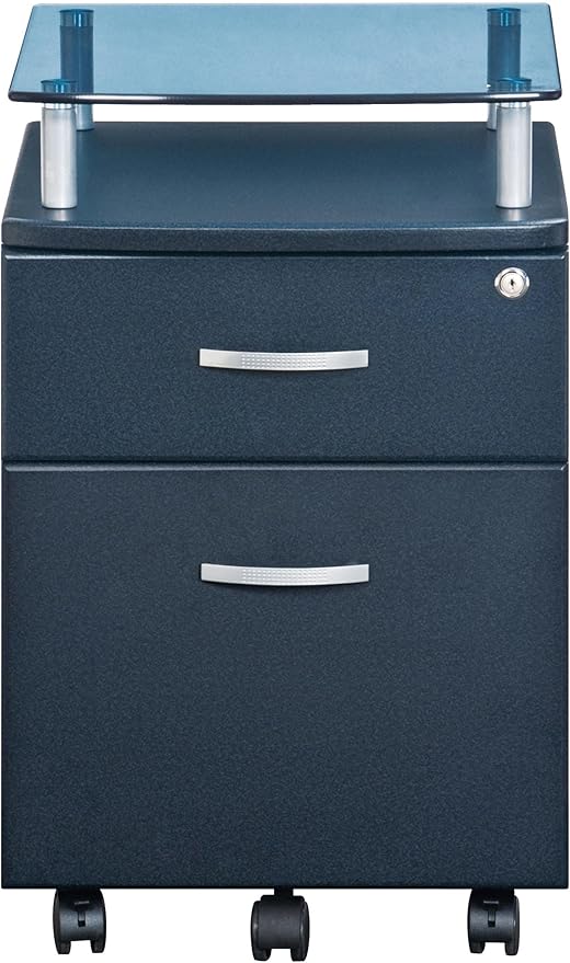 2-Drawer Rolling File Cabinet with Lock and Glass Top, Under Desk File Cabinet with Wheels, Printer Stand, Graphite Black