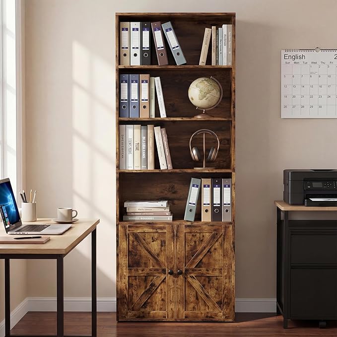 YESHOMY Farmhouse Bookshelf and Bookcase with Doors, Industrial Bookshelves and Bookcases Floor Standing Display 6-Tier Shelf Storage 71.5 inchs for Home Office, Living Room, Rustic Brown, 1 PCS