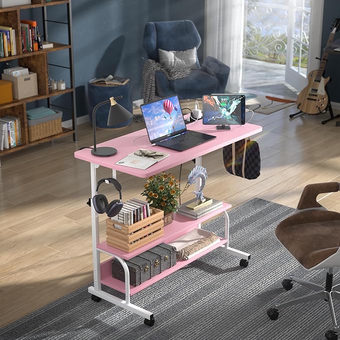 Armocity Rolling Standing Desk with Power Outlets, 32" Manual Height Adjustable Mobile Computer Desk with Wheels, Small Portable Sit Stand Laptop Couch Table for Bed & Sofa Home Office, Pink