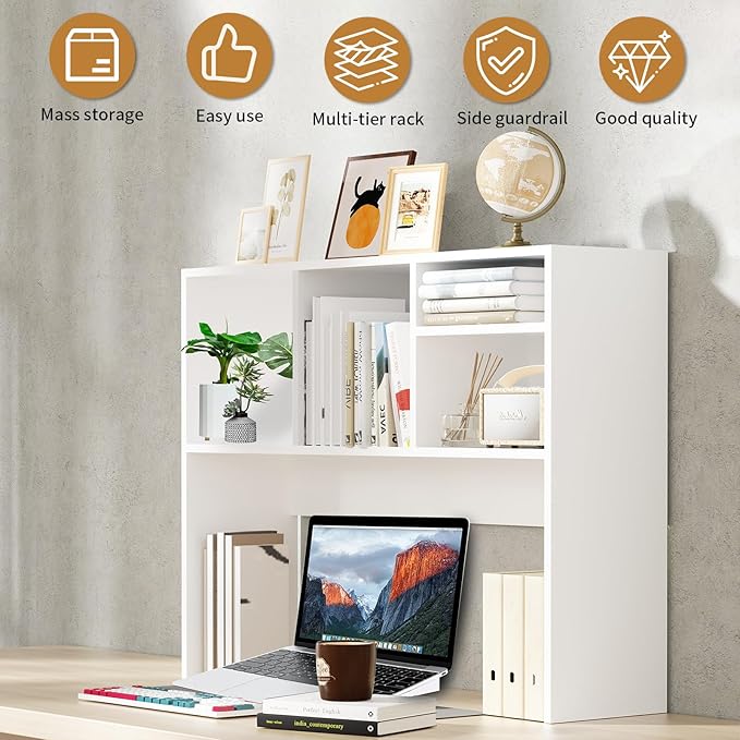 AQQHSAIN Desktop Bookshelf Wooden Desktop Hutch Storage Organizer Multipurpose Tabletop Display Rack with 4 Shelves for Computer Desk Hutch for College Dorm Office Home (White)