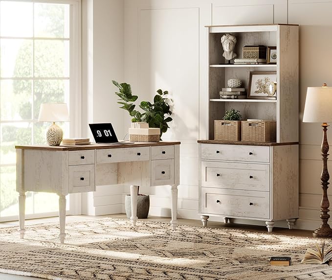 WAMPAT Home Office Furniture Set, 56" Executive Desk with Charging Station, 72" Tall Bookcase with 3 Drawers, Wood Computer Desk with File Cabinet, Open Shelf, Rustic White