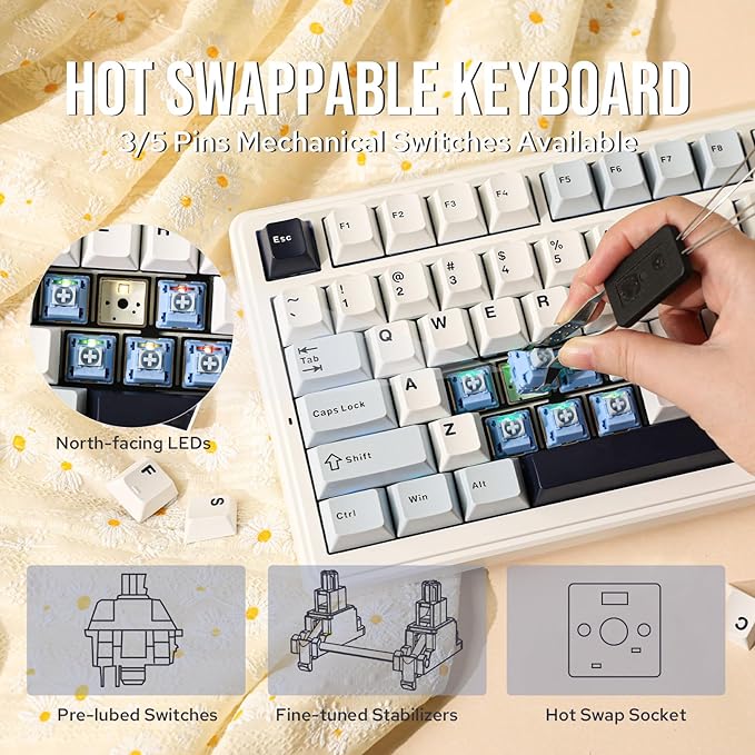 EPOMAKER x Aula F99 Wireless Mechanical Keyboard, Hot Swappable Gasket Custom Gaming Keyboard with Five-Layer Padding, BT/2.4GHz/USB-C, 8000mAh Battery (White Blue, Graywood V3 Switch)