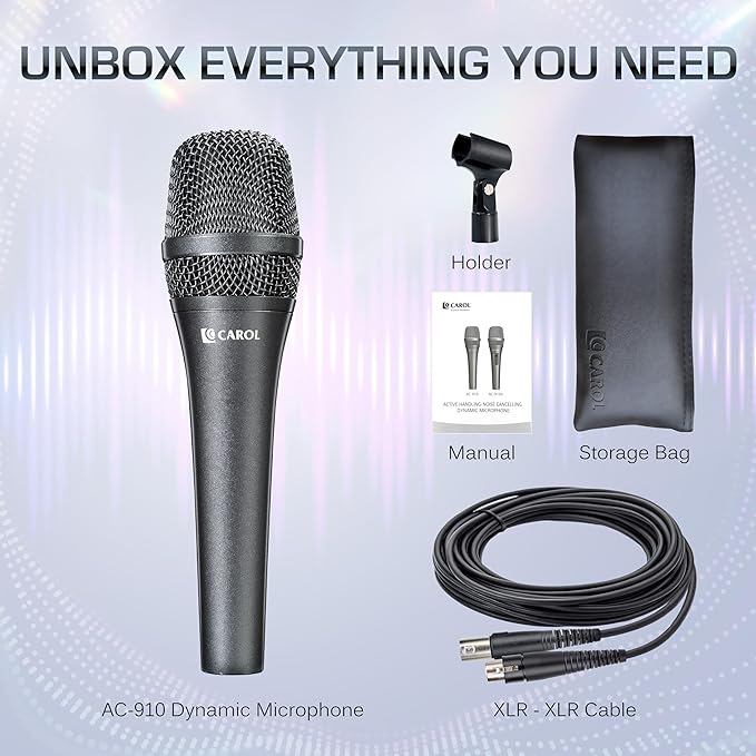 CAROL AC-910 XLR Wired Vocal Microphone – Dynamic Cardioid Mic with Dual-Engine AHNC Noise Cancelling Tech for Singing, Karaoke, Stage & Studio, Includes Microphone, Mic Clip & 14.8ft XLR Cable