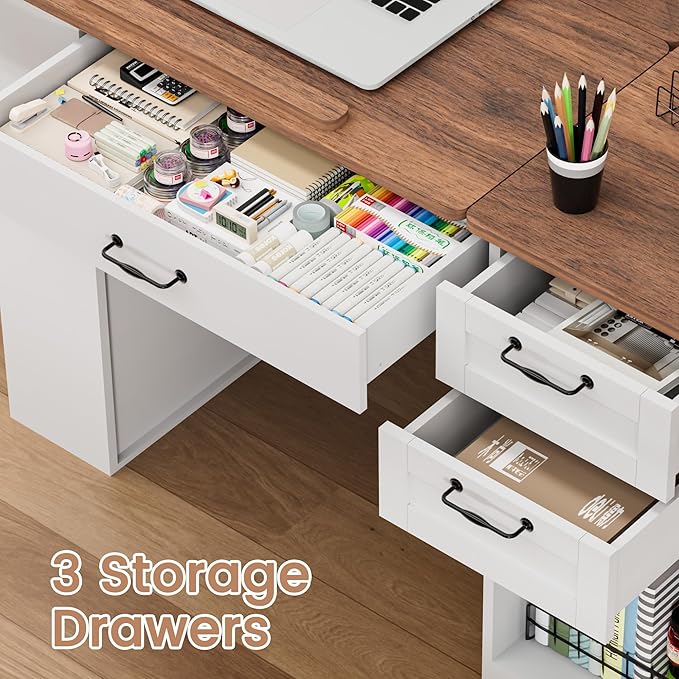 Crafting Table with Storage Cabinet & Drawers, Adjustable Drafting Table with Open Shelves, Drawing Computer Desk, Painting Desk, Workstation for Home Office Reading, Writing, Craftin