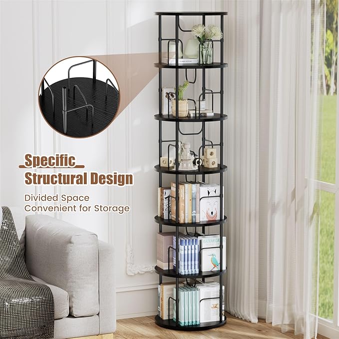 ALLSTAND 6 Tier Rotating Bookshelf, 360 ° Display Stackable Spinning Bookshelf Tower, Corner Bookshelf Tall Floor Standing Swivel Bookcase Narrow Storage Organizer for Bedroom, Living Room, Black