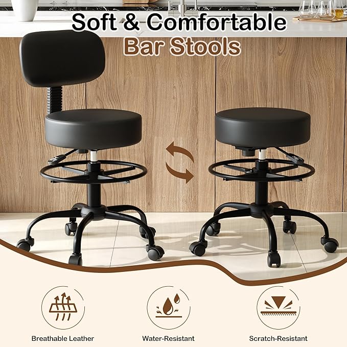 Drafting Chair with Back Support, Adjustable Foot Rest Rolling Stool, 360° Swivel Office Desk Chair with Wheels, Thick Seat Cushion for Home Bar Salon Tattoo Shop (1, Black)