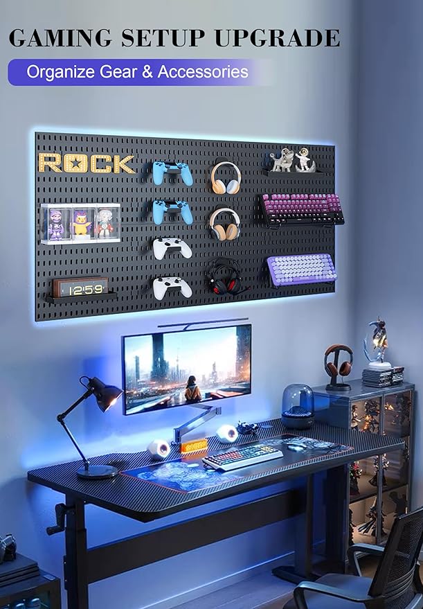 Pegboard Wall Organizer Set – 4 Peg Boards with Hooks & Shelves – Office, Kitchen, Gaming Room Desk Pegboard Storage – Peg Board Wall Display Rack (Black)