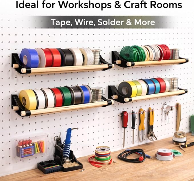 PEGGY Pegboard Accessory Hook and Dowel Organizer Storage for Tape, Steel Wire Spools, Ribbon, Crafts, Hobby, 12” kit (3PK Black)