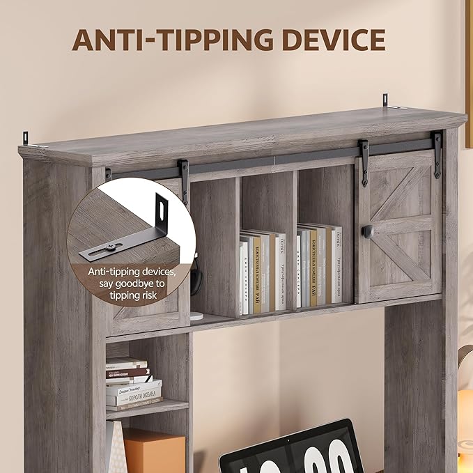 Large Desktop Bookshelf with Sliding Barn Door, 47.2''W Desk Shelf Display Rack, Desktop Organizer Storage Rack with 7 Cubbies and Drawer, Home, Desk Shelf for Office, Dorm, Vanity, Grey