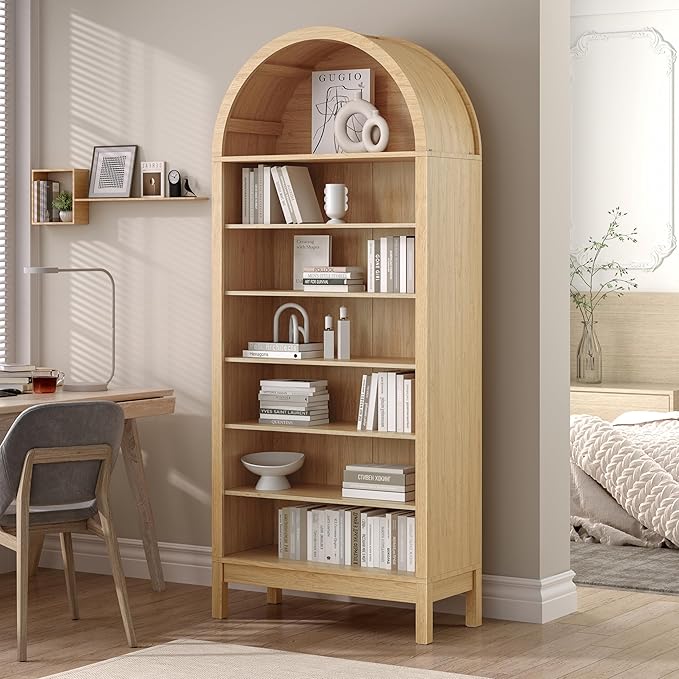 Wodeer Tall Arched Bookshelf, 7-Tier Bookcase with 3 Adjustable Shelves, Modern Farmhouse Storage Shelf for Living Room, Entryway, Office, 29.5" W x 70.1" H x 13.8" D, Natural Oak