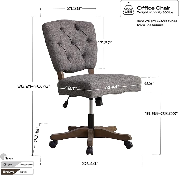 HUIMO Upholstered Swivel Desk Chair Chenille Tufted Fabric Home Office Chair with Wheels Adjustable Height Classic Task Chair with Wooden Legs Comfortable Armless Chair for Studio Study (Grey)