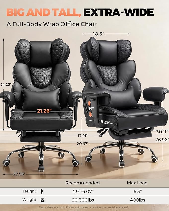 COMHOMA Big and Tall Office Chair with Upgrade Footrest, Heavy Duty Gaming Chair High Back Executive Chair with Spring Lumbar Support for Lower Back Pain Relief, 150°Reclining Adjustable Armrests