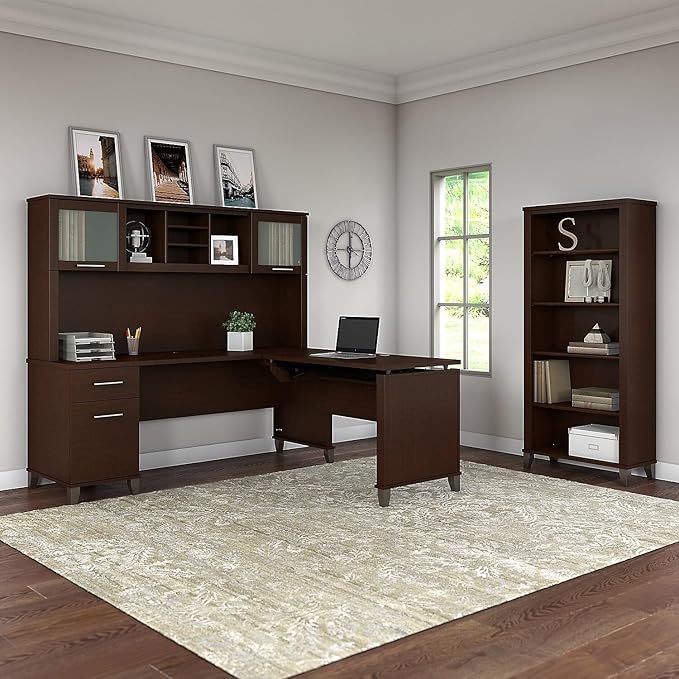 Bush Furniture Somerset 72W 3 Position Sit to Stand L Shaped Desk with Hutch and Bookcase in Mocha Cherry