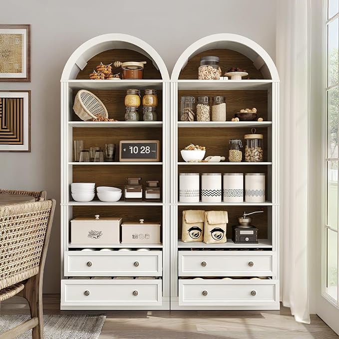 RALGEND Farmhouse Arched Bookshelf Set of 2, 7 Tiers Arch Bookcase with 2 Spacious Drawers, Modern Book Shelf with Open Display Shelves and Storage Cabinet, for Office, Living Room, Walnut and White
