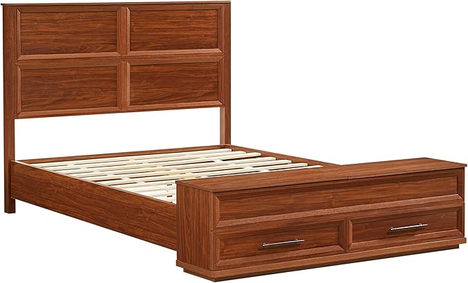 Queen Size Bed with 3D Geometric Headboard & Storage Bench - 4-Drawer Storage, Modern Bedroom Furniture, Walnut. The 3D geometric grid pattern on the headboard exudes modern charm, blending refineme