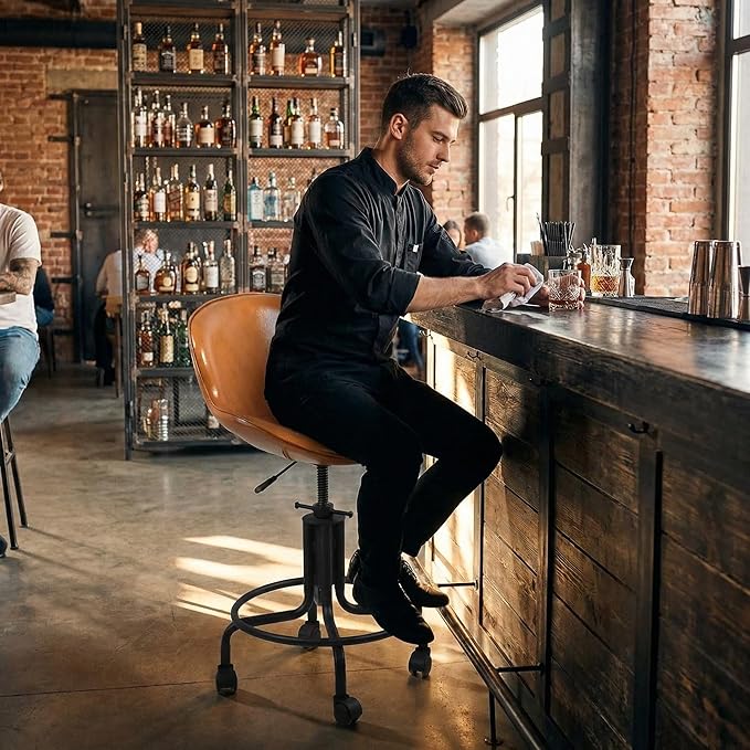 Topower Antique Industrial Design Metal Adjustable Height Kitchen Dining Breakfast Chair Industrial Style Bar Stool with Wheels, Fully Welded, Cinnamon PU Leather Seat
