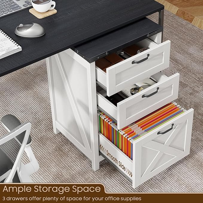 Vabches Vertical File Cabinet with 3 Drawers, Wooden Farmhouse Filing Cabinet for Letter/A4 Size Hanging Files, Under Desk Printer Stand with Storage for Home Office, White and Black