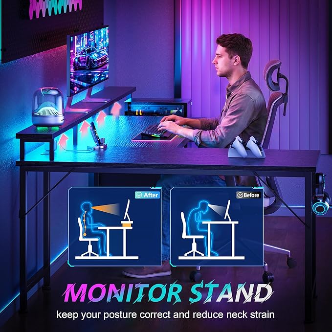 Korfile 66'' L Shaped Gaming Desk with Drawers and Storage Shelves, Reversible Corner Desk with Power Outlets and Host Stand, Large Computer Desk with Led Lights for Gaming, Work, Home Office, Black